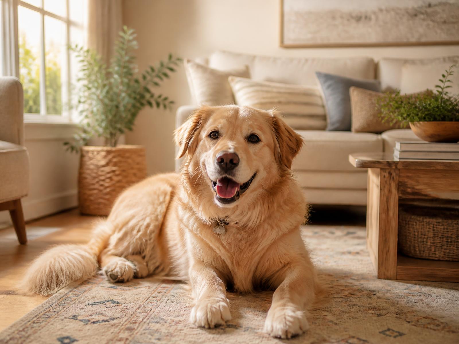 A golden retriever being greeted at the front door by a Neighbor Paws caregiver